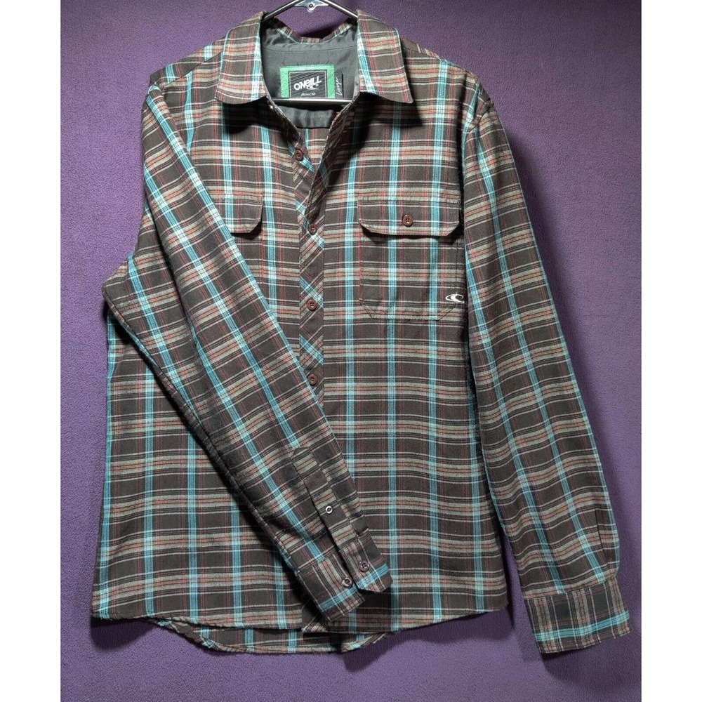 O Neill Large Brown teal Plaid Shirt casual oniell o'niell cotton pockets